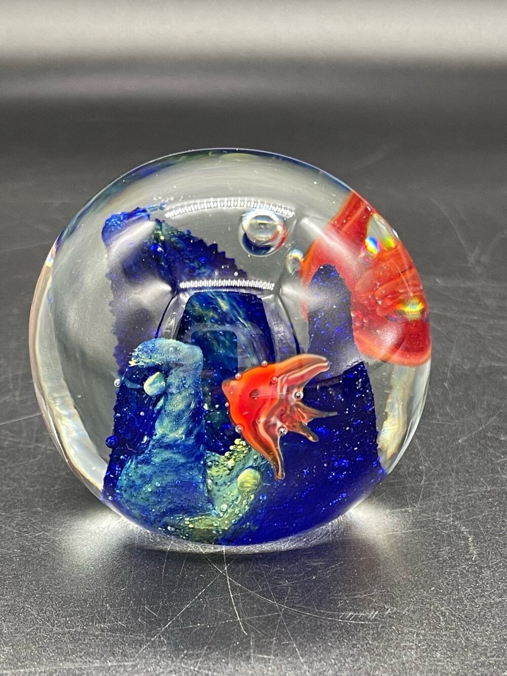 Art Glass Red Orange Tropical Fish Underwater Ocean Paperweight 2.5"